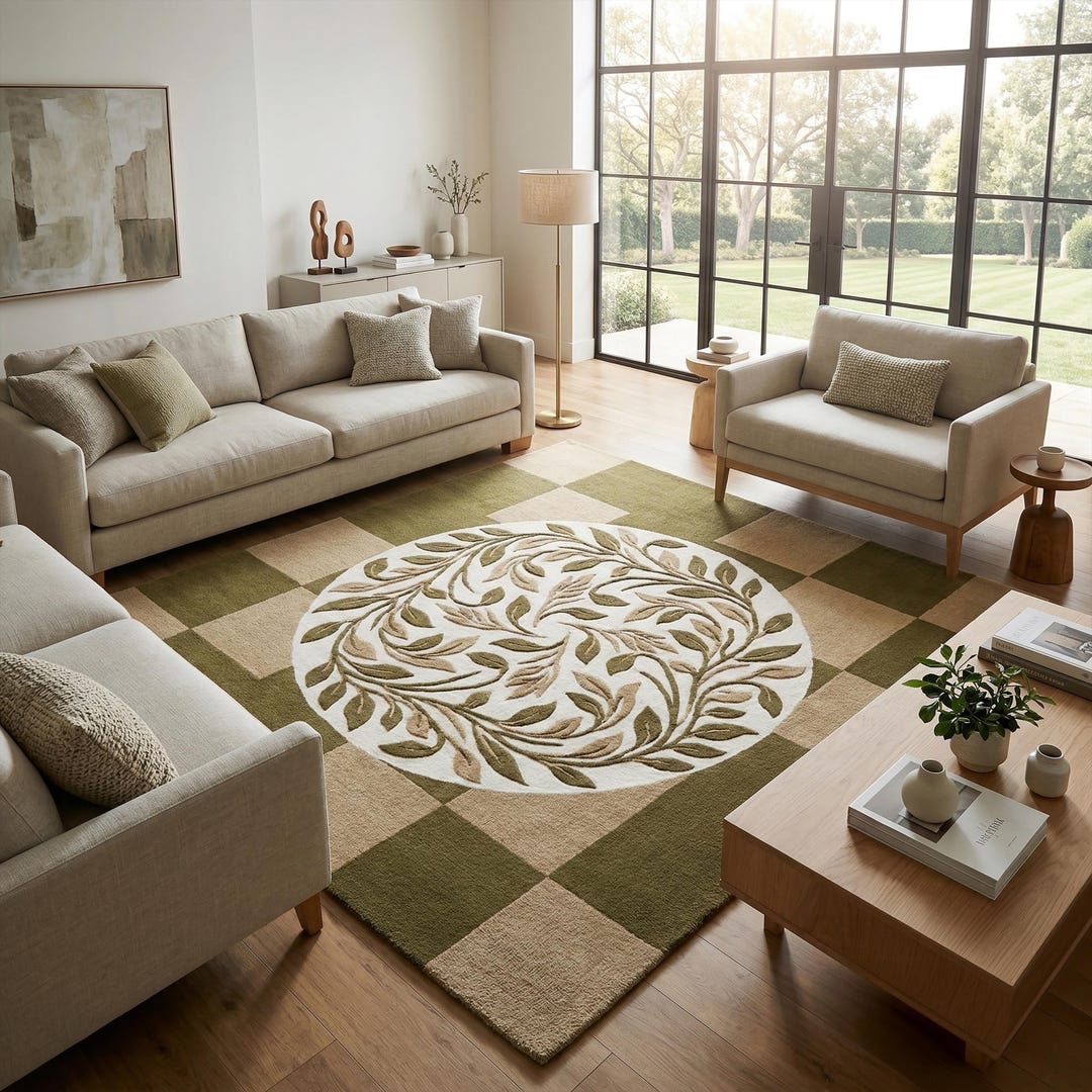 Checkered Leaf Wool Rug, Green Beige Hand Tufted Living Room Rug - Etsy