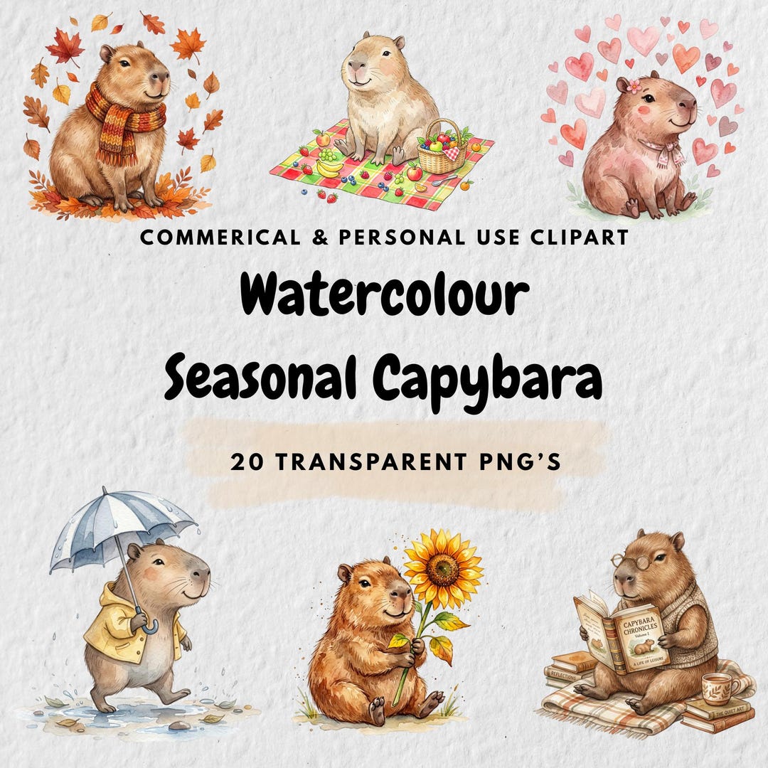 Watercolour Capybara Clipart Set – 20 PNG Images, Seasonal Capybara ...