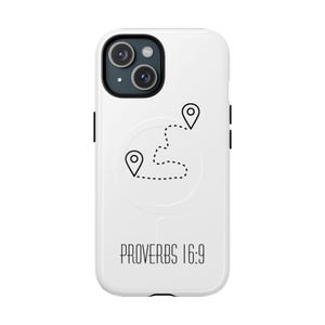 May include: White phone case with a black camera module and black side buttons. The case features a black dotted line map design with two location pin icons and the text "PROVERBS 16:9" in a black, sans-serif font.