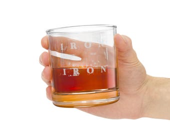 Distressed Iron Sharpens Iron Logo Whiskey Glass | 10.5oz Engraved Rocks Glass
