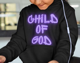 Child of God-peutertrui met capuchon neonviolet, maten 2T-6T