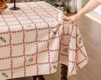 Vintage-Weihnachtstischdecke, Tischdecke mit rotem Beerenmuster, Tischdekoration im französischen Landhausstil für die Feiertage, rustikale Wintertischdecke im Bauernhausstil