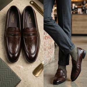 May include: A pair of dark brown leather loafers featuring a classic penny strap design across the vamp. The interior insole is printed with the word BALANCE. The shoes are shown both from a top-down perspective and worn with grey trousers.