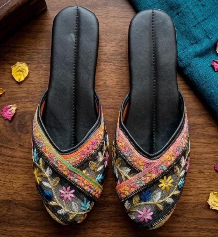 Women Embroidered Mules, Handmade Ethnic Slip-On Shoes, Floral Indian…