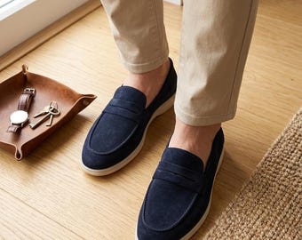 Mocassins en daim noir pour homme | Chaussures en cuir faites main | Mocassins décontractés | Chaussures habillées confortables pour homme | Idée cadeau pour lui