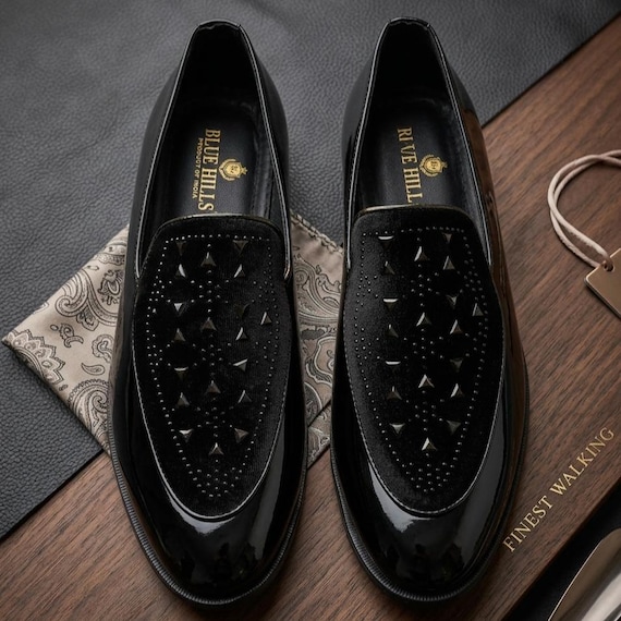Men’s Black Studded Loafers, Luxury Patent Dress Shoes, Handmade Party Wear Slip On Shoes, Formal Wedding Loafers for Men