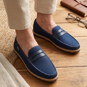 Men’s Blue Mesh Loafers | Breathable Slip On Casual Shoes for Men | Lightweight Walking Shoes | Comfortable Summer Espadrille Style Footwear