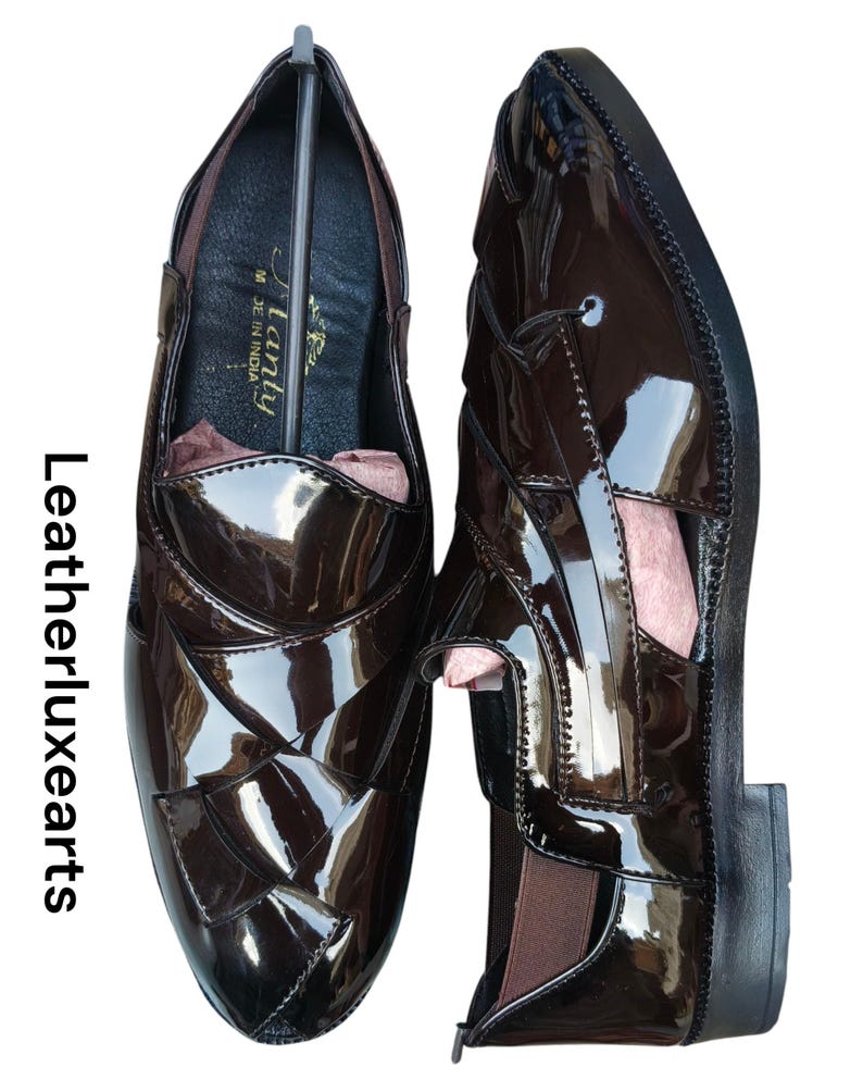Handcrafted Patent Leather Peshawari Sandals for Men – Traditional Pakistani Style Slip-On Shoes, Brown Leather Sandals, Ethnic Footwear image 3