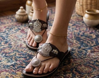 Women’s Handmade Leather Sandals with Oxidized Jewelry | Elephant Design Toe Ring Chappal | Boho Ethnic Flat Sandals