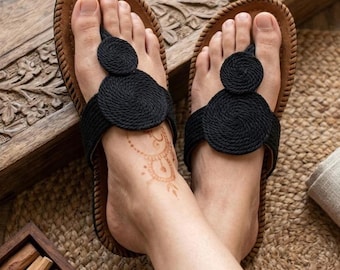 Handmade Leather Toe Ring Sandals for Women | Black Rope Knot Kolhapuri Style Slippers | Ethnic Flat Chappal | Summer wear