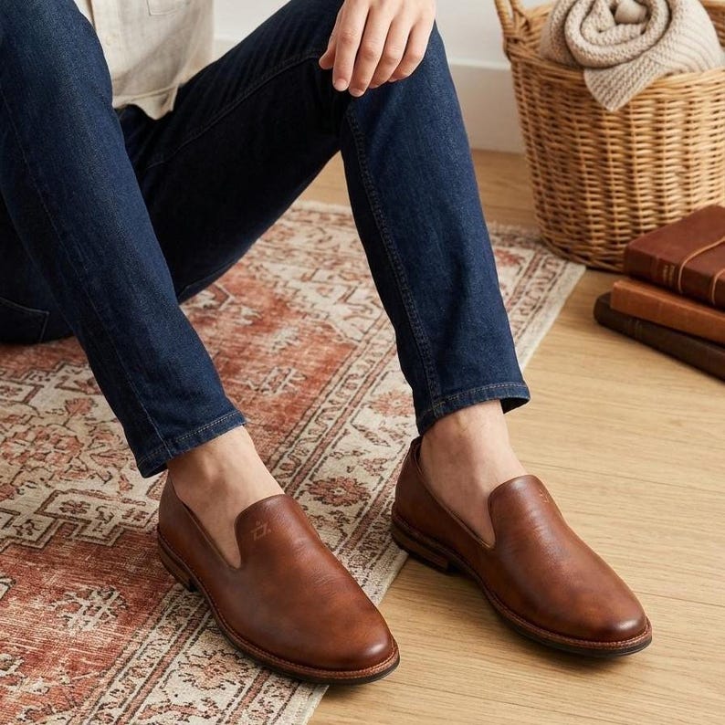 Pu&ograve; includere: Mocassini in pelle marrone dal design classico. Le scarpe sono di un caldo colore marrone e hanno una silhouette semplice ed elegante. I mocassini sono indossati con jeans blu scuro. L'immagine &egrave; scattata in interni su un tappeto fantasia.