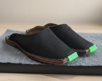 Men Leather Mules, Handmade Black Slip-On Shoes, Leather Clogs, Closed Toe Ethnic Mojari Style, Comfortable Casual Footwear