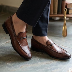 Men’s Brown Embossed Leather Loafers – Handmade Slip On Dress Shoes, Paisley Pattern Formal Shoes for Men, Luxury Business Footwear