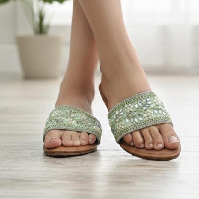 Women Handmade Leather Slippers, Green Beaded Slide Sandals, Ethnic…