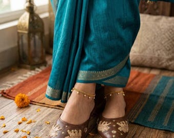 Women Brown Leather Mules, Handmade Ethnic Slip-On Shoes, Elephant Design Embroidered Flats, Indian Jutti Mules, Festive & Casual Wear