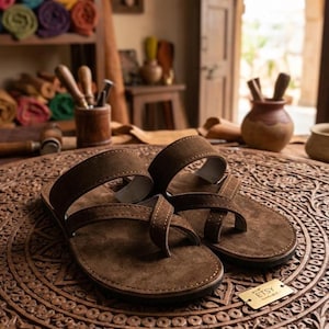 May include: A pair of brown leather sandals with a strap design. The sandals are displayed on a carved wooden surface. The image includes a small gold tag with the Etsy logo.