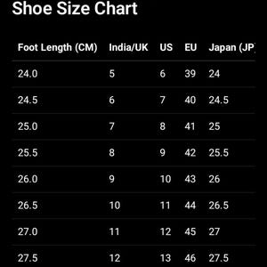 May include: A black Leather Luxe shoe size chart with white text. The table displays foot length in centimeters alongside corresponding shoe sizes for India/UK, US, EU, and Japan, ranging from 24.0 cm to 28.0 cm for foot length measurements.