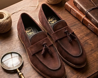 Men's Brown Suede Tassel Loafers, Classic Slip-On Dress Shoes, Elegant Formal Footwear, Wedding and Business Casual Shoes