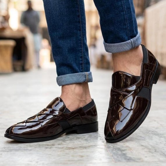 Handcrafted Patent Leather Peshawari Sandals for Men – Traditional Pakistani Style Slip-On Shoes, Brown  Leather Sandals, Ethnic Footwear