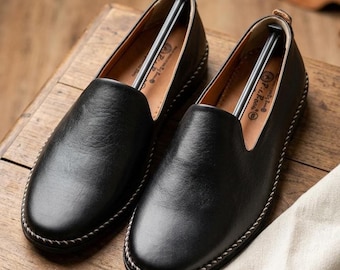 Svarta läderloafers för män | Handgjorda slip-on-skor | Bekväma vardagsskor | Mjuka lädermockasiner | Kontors- och vardagsskor