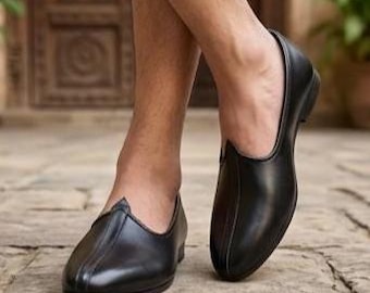 Men's Black Leather Jutti | Handmade Slip On Shoes | Traditional Indian Punjabi Jutti | Formal Ethnic Footwear | Comfortable Men's Loafers