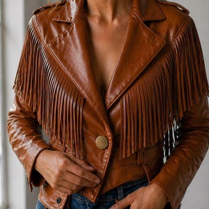 Braune Fransen Lederjacke Frauen, Western Cowgirl Mantel, kurzer Biker Stil, handgefertigte Statement Oberbekleidung, Festival Outfit Geschenk
