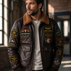 Men’s Brown aviator Leather Jacket with Patches – Vintage Bomber pilot outerwear, Maverick Inspired Top Gun Style
