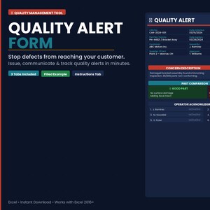Quality Alert Form Excel — Issue & Track Defects, Operator Sign-Off Log, CAR Number, Part Comparison