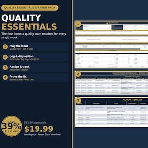 May include: A digital starter pack for quality management featuring four forms: a Quality Alert, a Nonconforming Material Log, an Action Item Tracker, and a Before and After Photo Doc. The layout includes text headers, numbered lists, and tables.