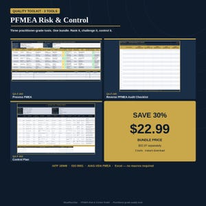 May include: A digital toolkit titled PFMEA Risk & Control containing three spreadsheet templates: Process FMEA, Reverse PFMEA Audit Checklist, and Control Plan. The dark blue layout features gold accents, text labels, and grid-based data tables.