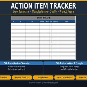 Excel-sjabloon Action Item Tracker | Vervolglogboek vergadering | Engineeringteams voor productiekwaliteit