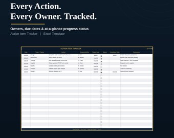 Action Item Tracker Excel Template | Meeting Follow-Up - Task List | Owner, Due Date & Visual Progress Status | Continuous Improvement