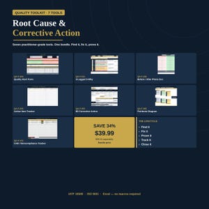 Root Cause & Corrective Action Bundle|7 Excel Tools: 8D, 5-Why, Fishbone, CAR Tracker, Quality Alert, Action Tracker, Before/After Photo Doc