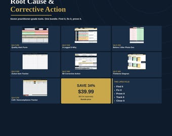 Corrective Action Bundle|7 Excel Tools: 8D, 5-Why, Fishbone, CAR Tracker, Quality Alert, Action Tracker, Before/After Photo Doc