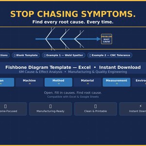 Fischgräte Diagramm Excel Vorlage — Ursache-Wirkungs-Methode — Ursache-Wirkung-Methode — 6 M Ishikawa — Qualitätssicherungswerkzeug in der Fertigung — Ursache — Sofort Download
