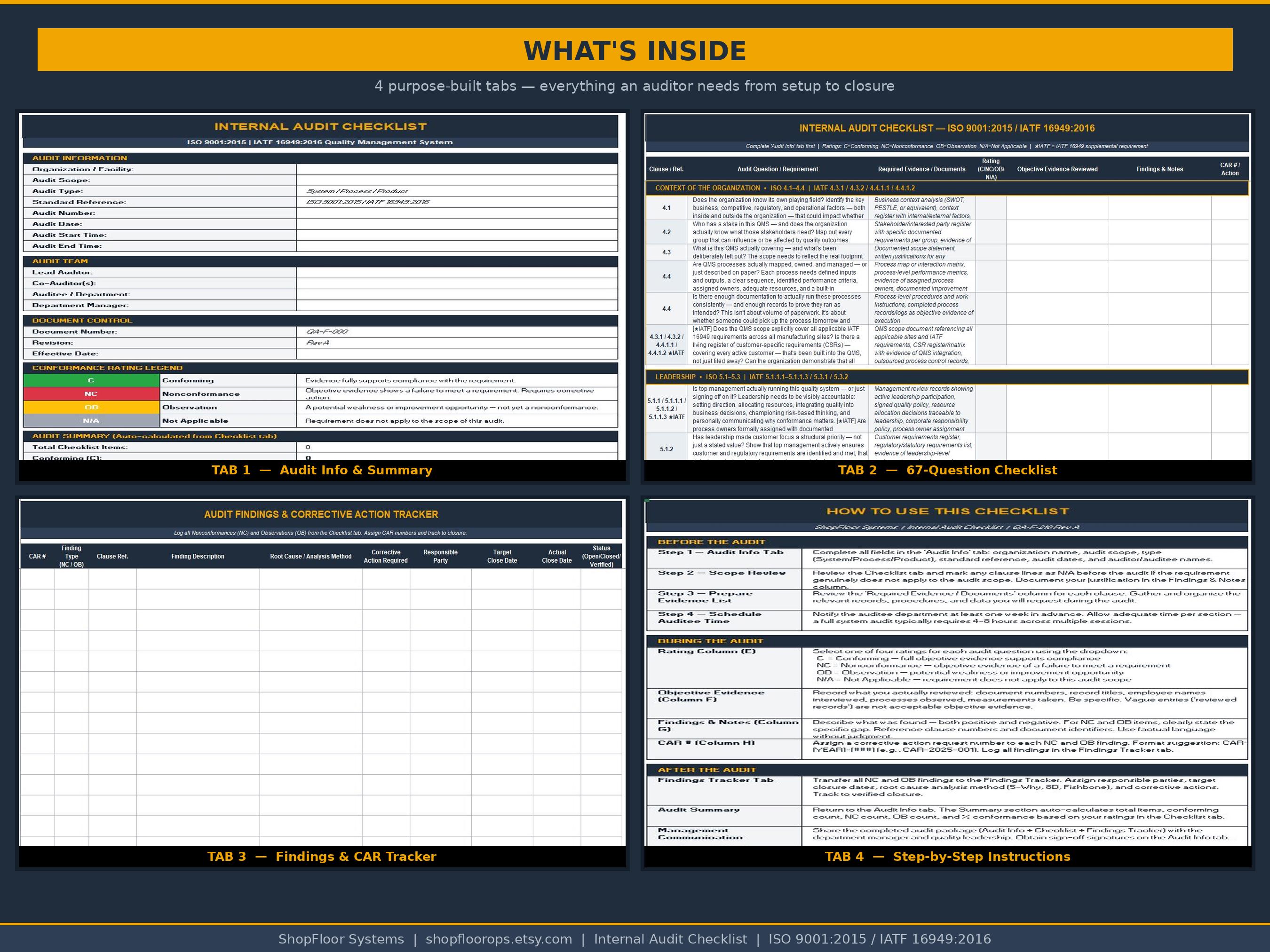 Internal Audit Checklist Excel — ISO 9001 2015 & IATF 16949:2016 QMS ...