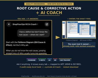 Root Cause & Corrective Action Bundle + AI Coach | Fishbone 5 Why A3 8D car Tracker | IATF 16949 ISO 9001 Excel Templates