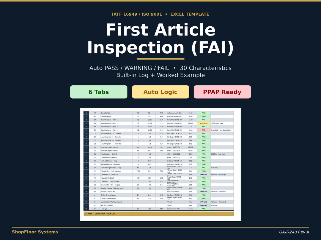 First Article Inspection FAI Form Excel Template, Iatf 16949 ISO 9001 ...