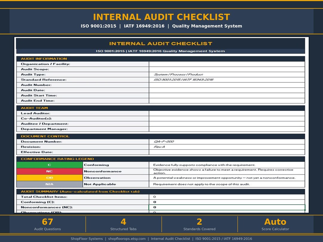 Internal Audit Checklist Excel — ISO 9001 2015 & IATF 16949:2016 QMS ...