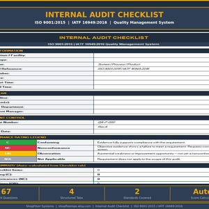 May include: A digital internal audit checklist with a dark blue and gold border. The checklist includes sections for audit information, audit team, and document control. Text includes "Internal Audit Checklist" and "ISO 9001:2015 | IATF 16949:2016".