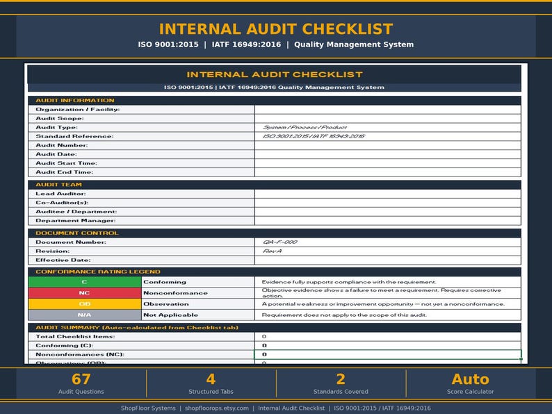 Internal Audit Checklist Excel — ISO 9001 2015 & IATF 16949:2016 QMS ...