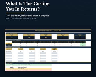 RMA Log Excel Template | Customer Complaint Tracker with Cost Dashboard | Returns, Root Cause & 8D Flag | IATF 16949 ISO 9001