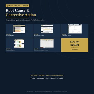 Pacote de Análise de Causa Raiz e Ação Corretiva | 5 Ferramentas do Excel: 8D, A3, 5 Porquês (3 partes), Diagrama de Ishikawa, Rastreador CAR | Solução de Problemas de CAPA ISO 9001