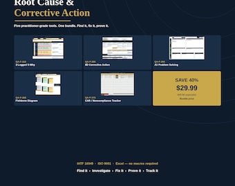 Root Cause & Corrective Action Bundle | 5 Excel Tools: 8D, A3, 3-Legged 5-Why, Fishbone, CAR Tracker | ISO 9001 CAPA Problem Solving