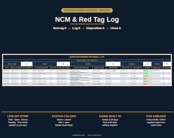 NCM Log & Red Tag Form Excel Template | Nonconforming Material Tracker with Dashboard | ISO 9001 iatf 16949 Quality Eng. | MRB Disposition