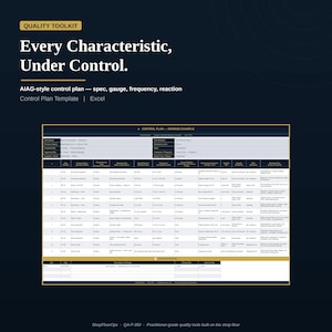 Control Plan Template Excel | AIAG Process Control Plan | Characteristics, Spec, Gauge & Reaction Plan | APQP PPAP | iatf 16949 iso 9001