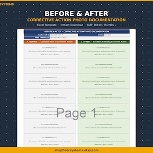 May include: A digital document titled "BEFORE & AFTER CORRECTIVE ACTION PHOTO DOCUMENTATION." The template is white with blue and orange headers, and includes sections for before and after conditions. The text "Page 1" is visible.