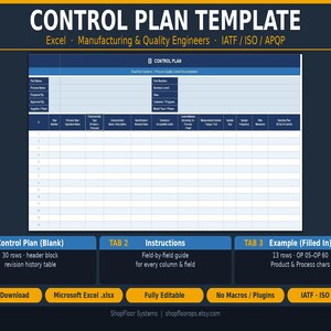 May include: A blue and white control plan template with the title "CONTROL PLAN TEMPLATE" at the top. The template includes sections for data entry and is designed for manufacturing and quality engineers. It is available for instant download.