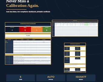 Calibration Log Excel Template | Equipment Master with Auto Next-Due Date, Live Compliance Dashboard & Printable Certificate Gage Management