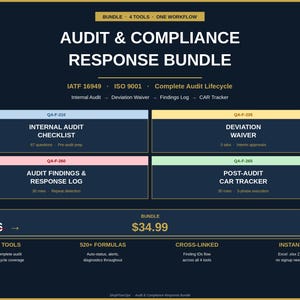 May include: A dark blue digital document bundle titled Audit & Compliance Response Bundle. It includes four tools: Internal Audit Checklist, Deviation Waiver, Audit Findings & Response Log, and Post-Audit CAR Tracker, featuring IATF 16949 and ISO 9001 standards.